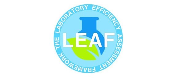 LEAF logo. A blue test tube and green leaf are in a blue circle, surrounded by the text: Laboratory Efficiency Assessment Framework